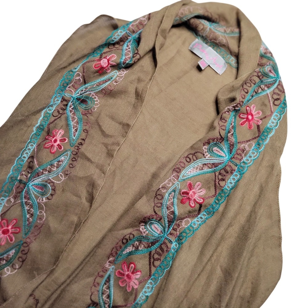 Pretty Angel Embroidered Boho Vest Olive Brown Floral‎ Handkerchief Hem One Size